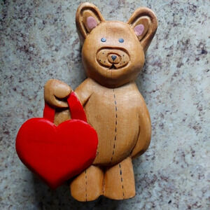 Wooden handmade carved teddy bear Holding a heart trinket box! Valentines Day
